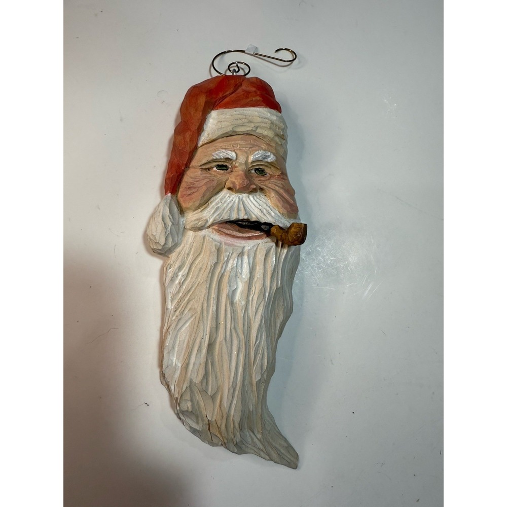 Vintage Hand Carved Santa Head Ornament Smoking Pipe‎ Folk Art Signed By Artist